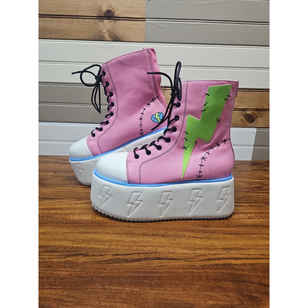 YRU Monster High Frankie Stein Pink Platform Boots Jolt Green Canvas Shoes Sz 9